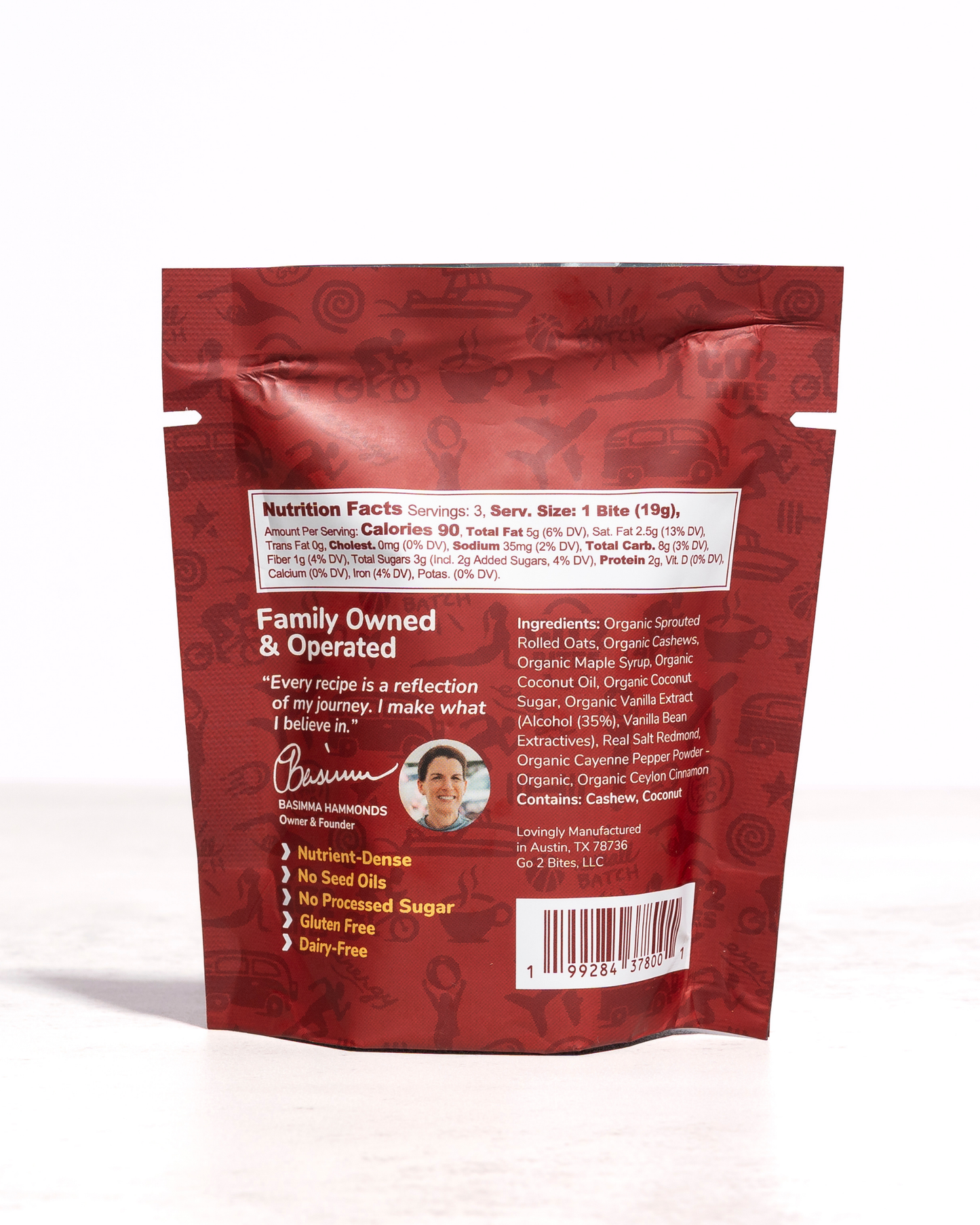 Red package with text and a barcode on a white background