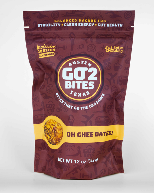 Bag of Austin Go2 Bites Oh Ghee Dates on a white background