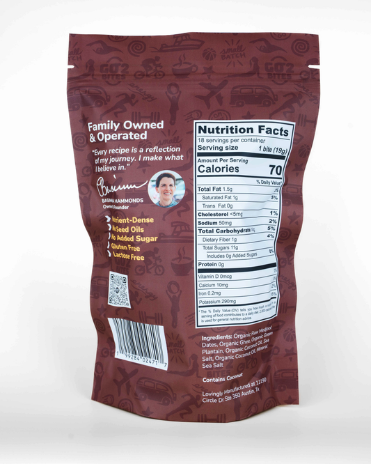 Back of a snack package with nutrition facts and branding details on a white background