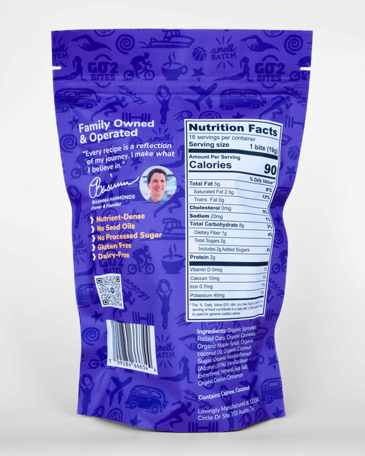 Purple package with nutritional information on a white background