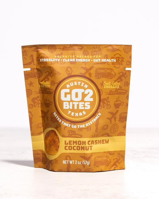 Austin GO2 Bites lemon cashew coconut snack package on a white background