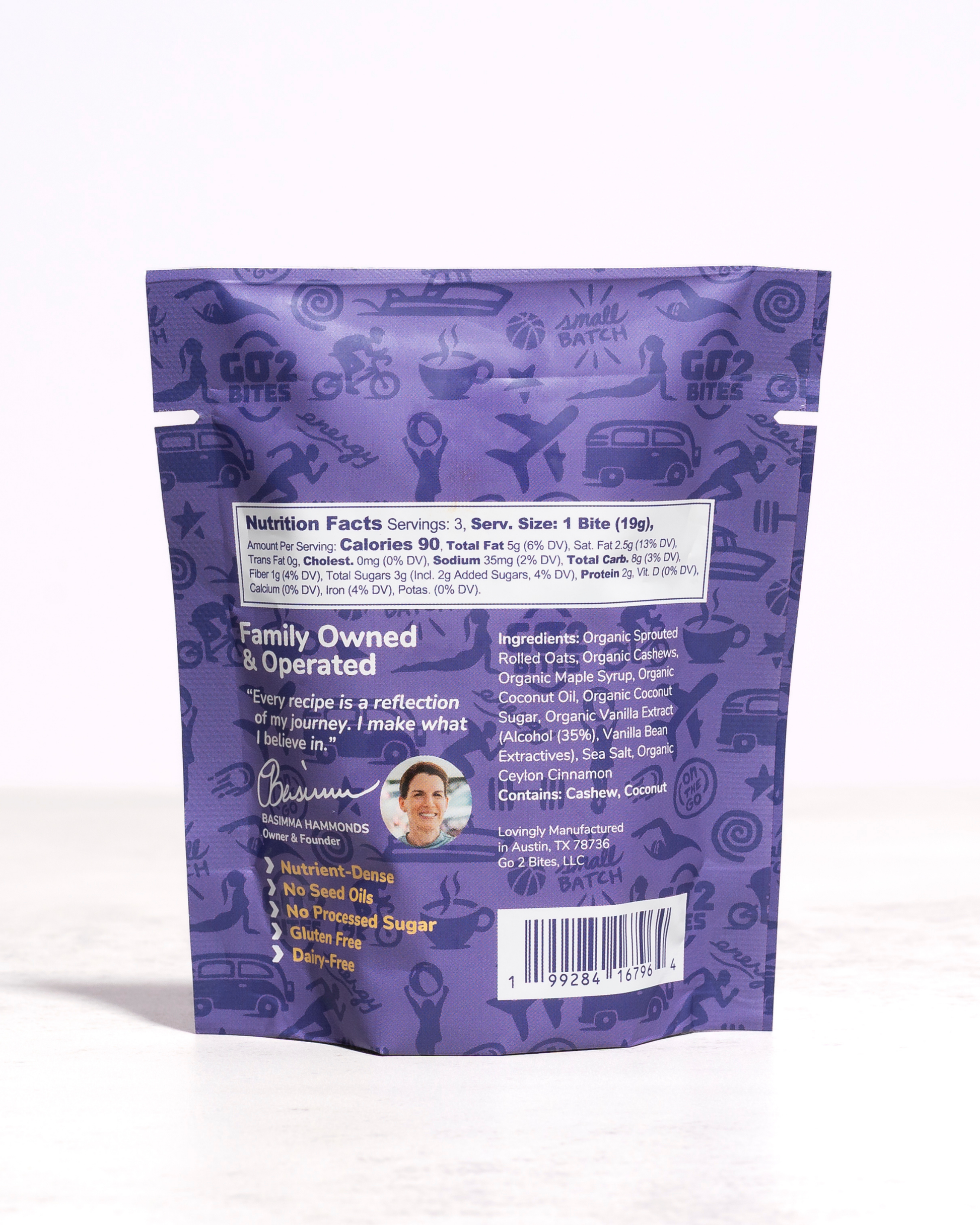 Purple packaging with text and icons on a white background