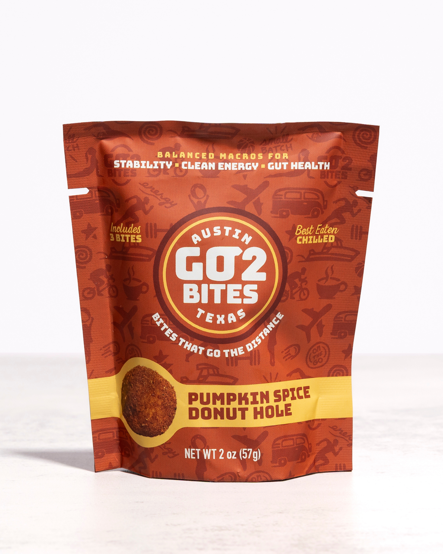 Package of Austin Go2 Bites Pumpkin Spice Donut Hole flavor on a white background