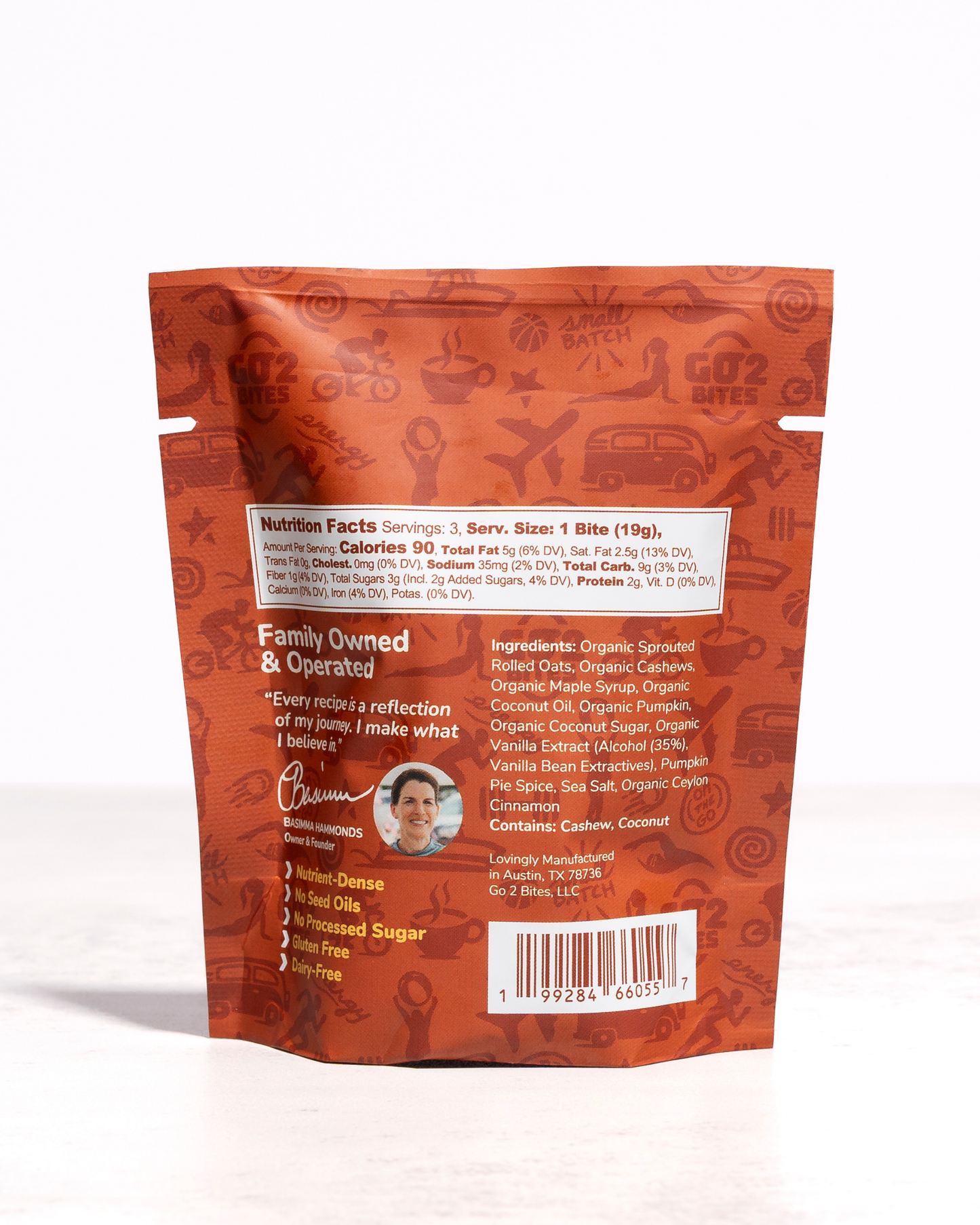 Back view of a snack package with branding and nutritional information on a white background